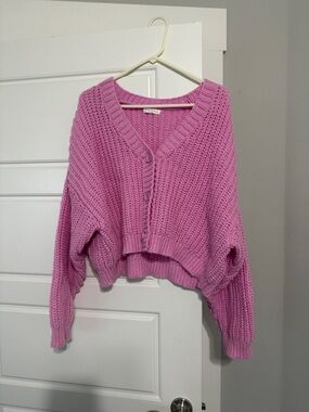 Chunky Cropped V-Neck Cardigan Sweater - Pink